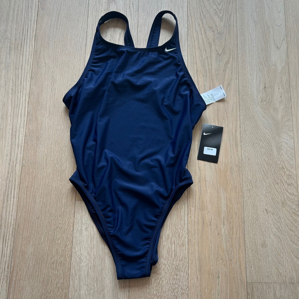 Nike One Piece Racerback Swimsuit Size 14 Navy Blue Training Sport Swim Athletic